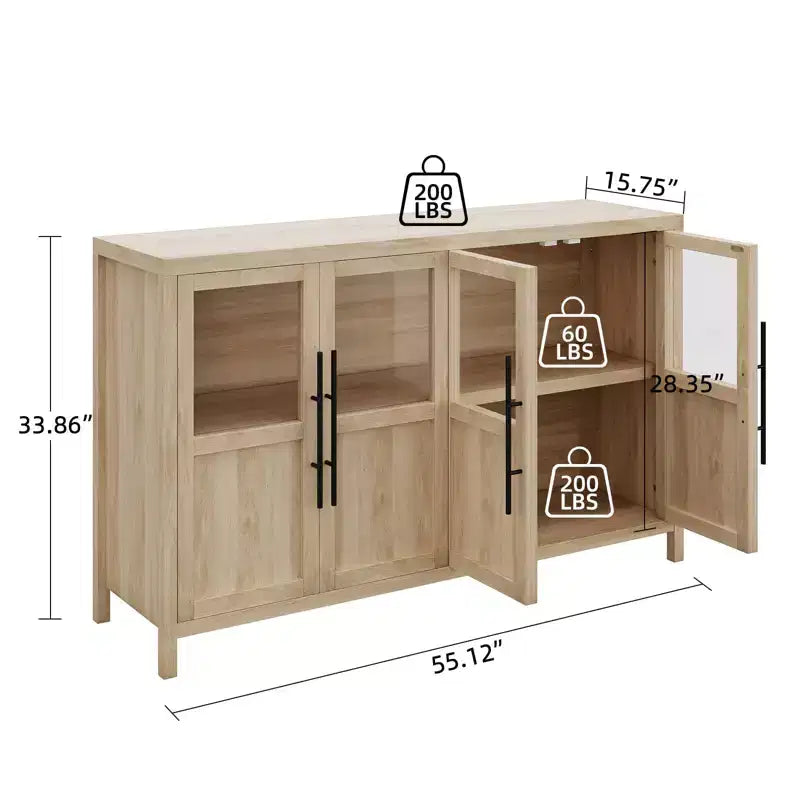 Grand buffet-bahut de 55" avec 4 portes vitrées et étagères, table de rangement de style ferme moderne pour cuisine, salle à manger, salon, couloir