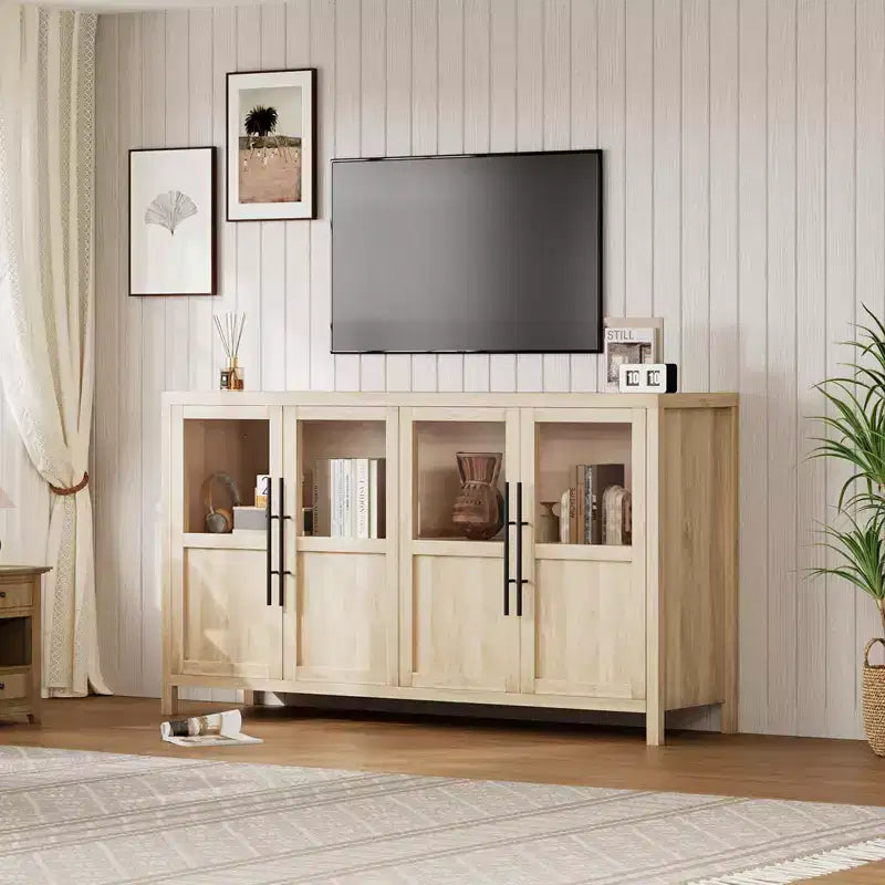 Grand buffet-bahut de 55" avec 4 portes vitrées et étagères, table de rangement de style ferme moderne pour cuisine, salle à manger, salon, couloir