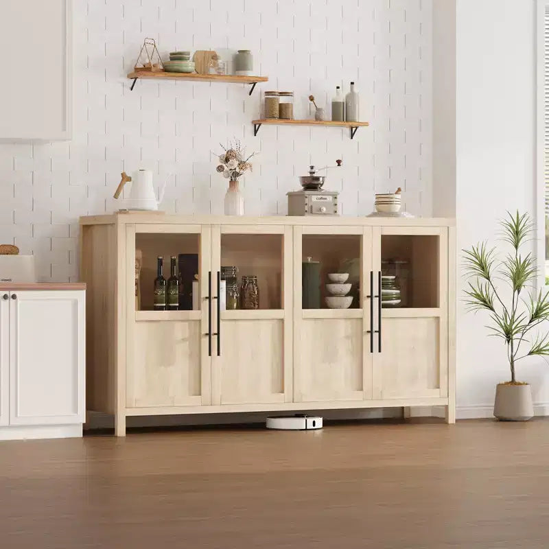Grand buffet-bahut de 55" avec 4 portes vitrées et étagères, table de rangement de style ferme moderne pour cuisine, salle à manger, salon, couloir
