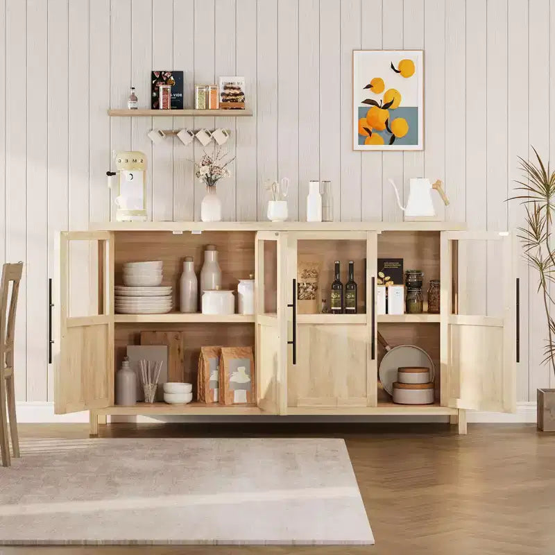 Grand buffet-bahut de 55" avec 4 portes vitrées et étagères, table de rangement de style ferme moderne pour cuisine, salle à manger, salon, couloir