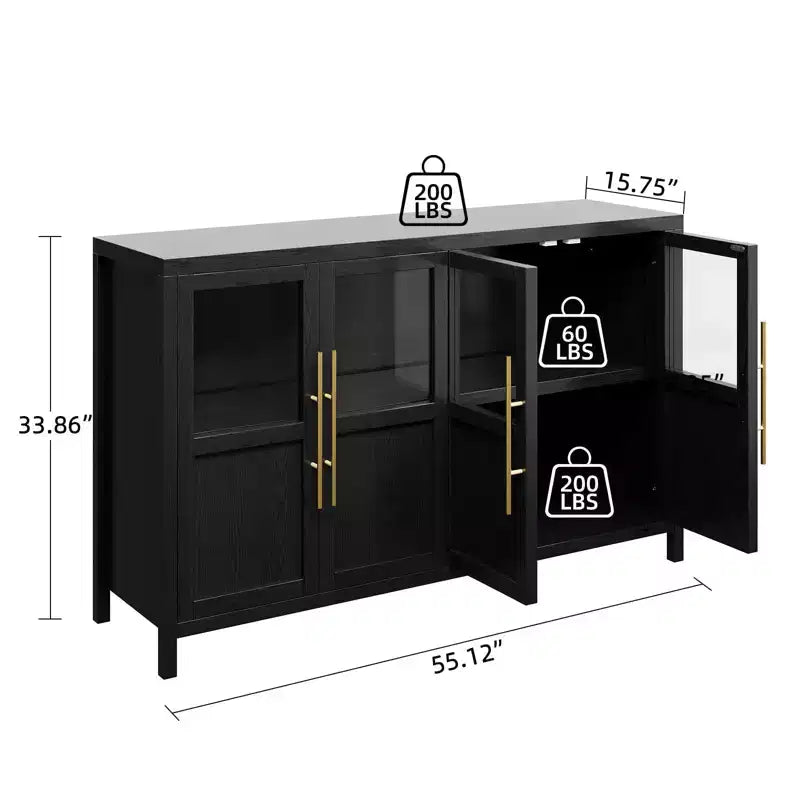 Grand buffet-bahut de 55" avec 4 portes vitrées et étagères, table de rangement de style ferme moderne pour cuisine, salle à manger, salon, couloir