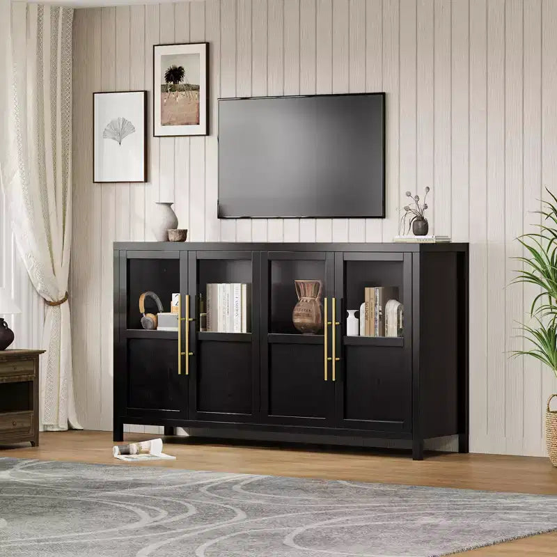 Grand buffet-bahut de 55" avec 4 portes vitrées et étagères, table de rangement de style ferme moderne pour cuisine, salle à manger, salon, couloir