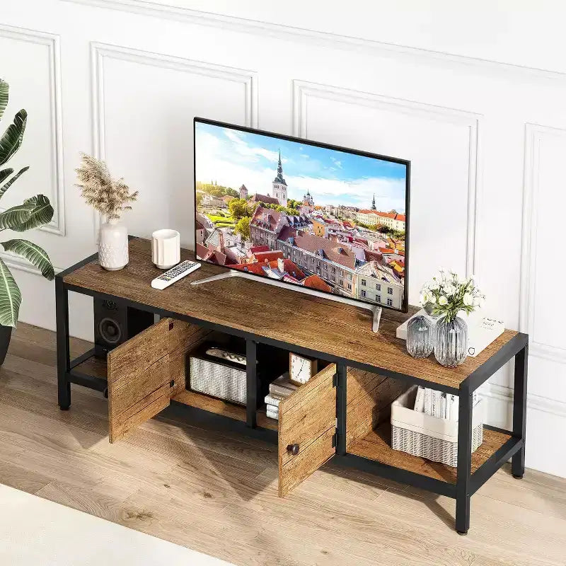 Meuble TV en bois de 58 pouces pour téléviseurs de 65 pouces, meuble de divertissement avec 2 armoires et étagères ouvertes, console multimédia de rangement pour salon
