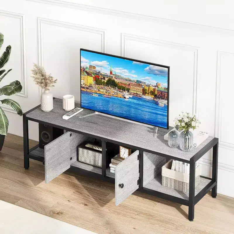 Meuble TV en bois de 58 pouces pour téléviseurs de 65 pouces, meuble de divertissement avec 2 armoires et étagères ouvertes, console multimédia de rangement pour salon