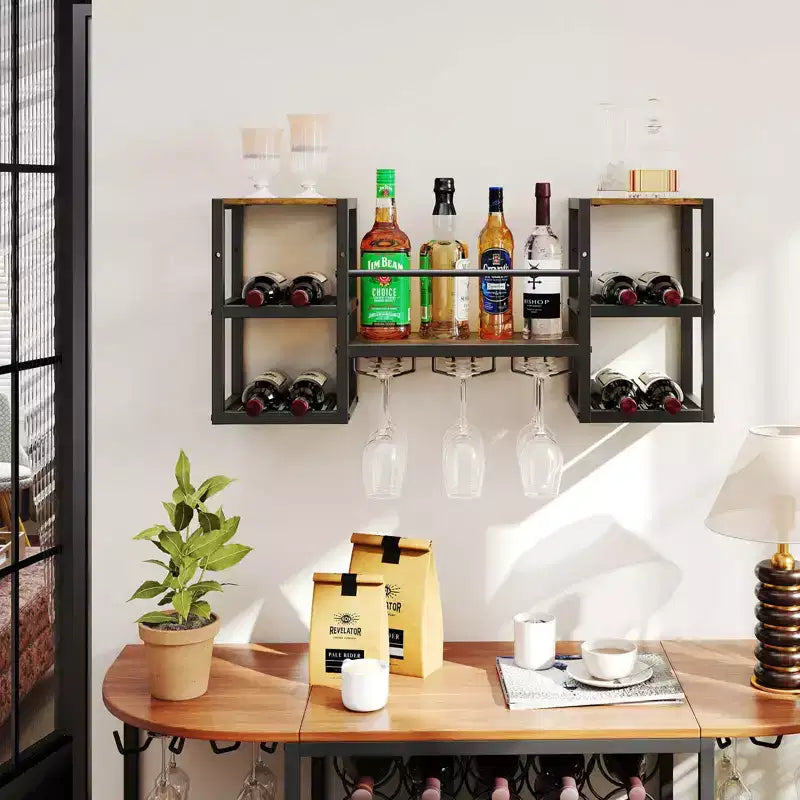 Costway Casier à vin mural à 3 niveaux avec porte-verres, étagère ouverte de rangement pour le vin, marron
