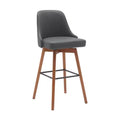HomeRoots 30 Gray and Wood Brown Faux Leather with Solid Wood Swivel Bar Height Bar Chair