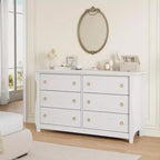 Commode en bois à 7 tiroirs – Commode haute de style bohème avec pieds incurvés, accents en rotin et rangement autoportant