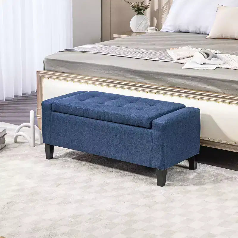 Banc ottoman de rangement capitonné en lin Zeus & Ruta, avec couvercle relevable, pour salon ou chambre à coucher, bleu foncé