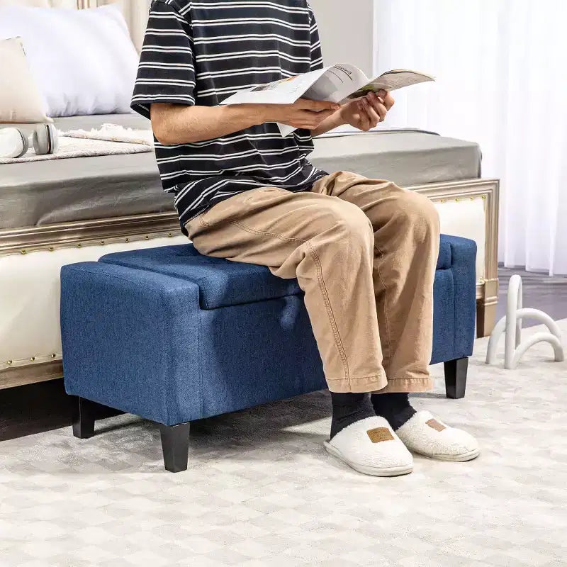 Banc ottoman de rangement capitonné en lin Zeus & Ruta, avec couvercle relevable, pour salon ou chambre à coucher, bleu foncé