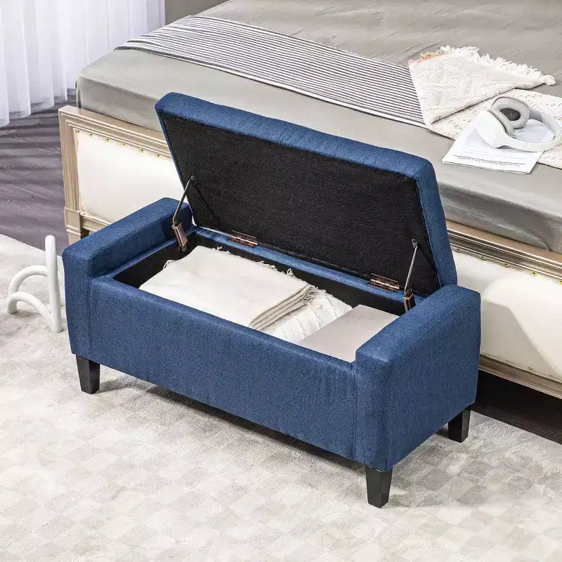 Banc ottoman de rangement capitonné en lin Zeus & Ruta, avec couvercle relevable, pour salon ou chambre à coucher, bleu foncé