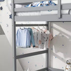 Lit mezzanine double haut MAYEERTY avec échelle et plateforme d'accès, gris