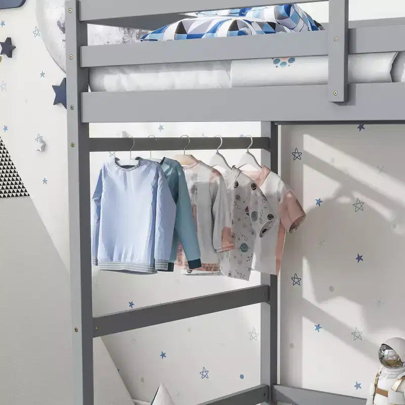 Lit mezzanine double haut MAYEERTY avec échelle et plateforme d'accès, gris