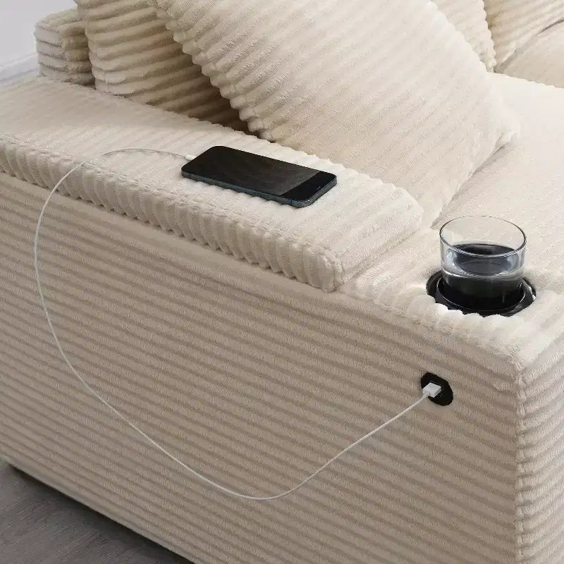 Canapé sectionnel d'angle en L surdimensionné Whisen, canapé d'angle en velours côtelé avec rangement dans l'accoudoir, porte-gobelets, chargeur USB