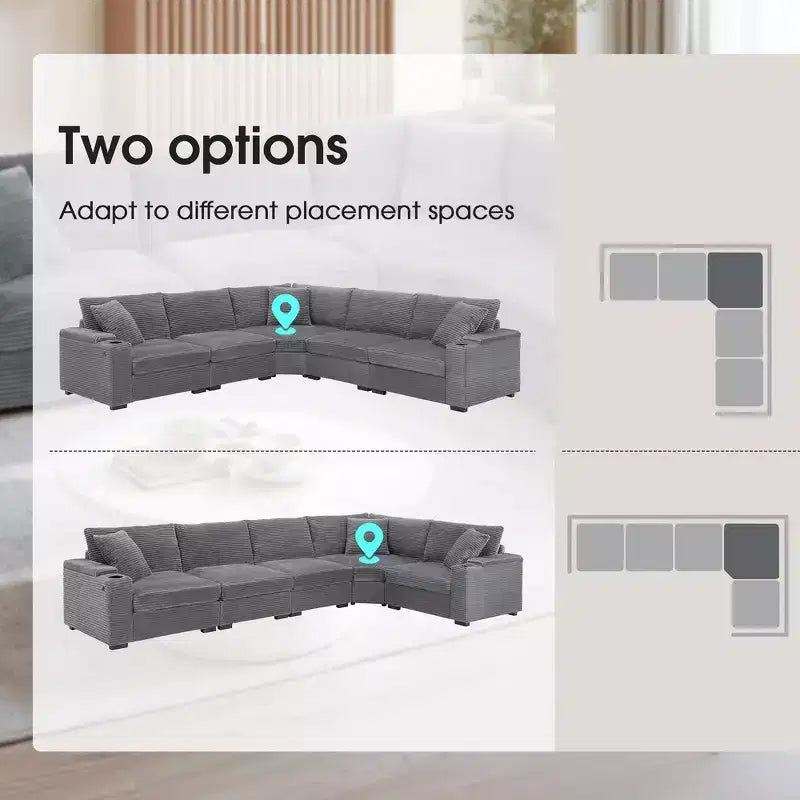 Canapé sectionnel d'angle en L surdimensionné Whisen, canapé d'angle en velours côtelé avec rangement dans l'accoudoir, porte-gobelets, chargeur USB