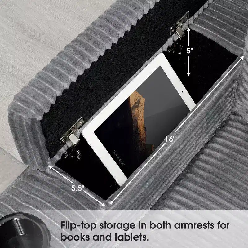 Canapé sectionnel d'angle en L surdimensionné Whisen, canapé d'angle en velours côtelé avec rangement dans l'accoudoir, porte-gobelets, chargeur USB