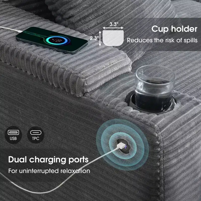 Canapé sectionnel d'angle en L surdimensionné Whisen, canapé d'angle en velours côtelé avec rangement dans l'accoudoir, porte-gobelets, chargeur USB