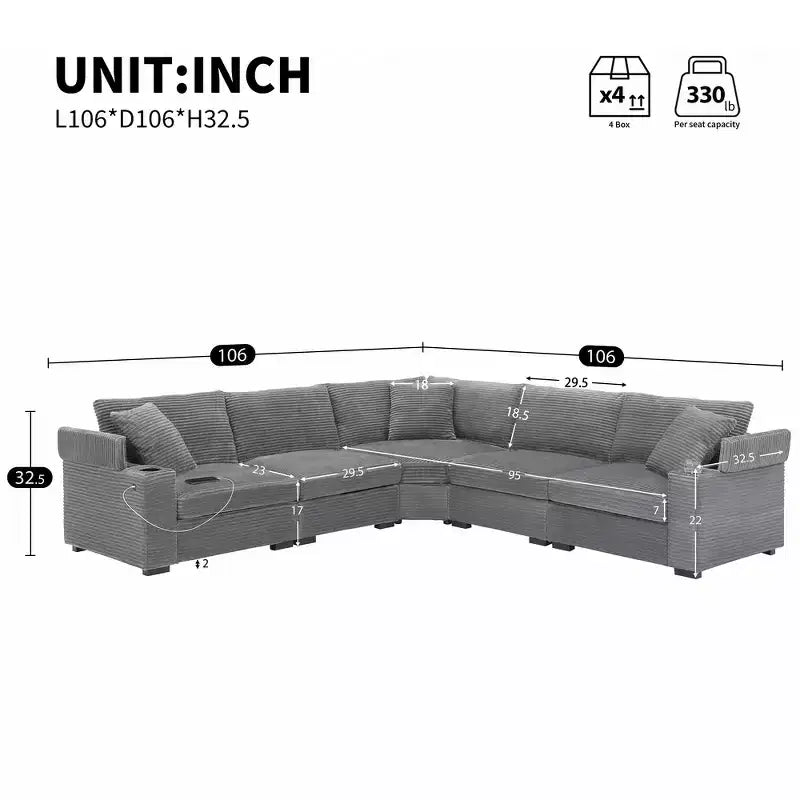 Canapé sectionnel d'angle en L surdimensionné Whisen, canapé d'angle en velours côtelé avec rangement dans l'accoudoir, porte-gobelets, chargeur USB