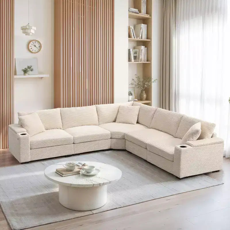 Whisen Oversized Convertible L-shaped Sectional Sofa, Corduroy Corner Couch with Armrest Storage, Cup Holders, USB Charger
