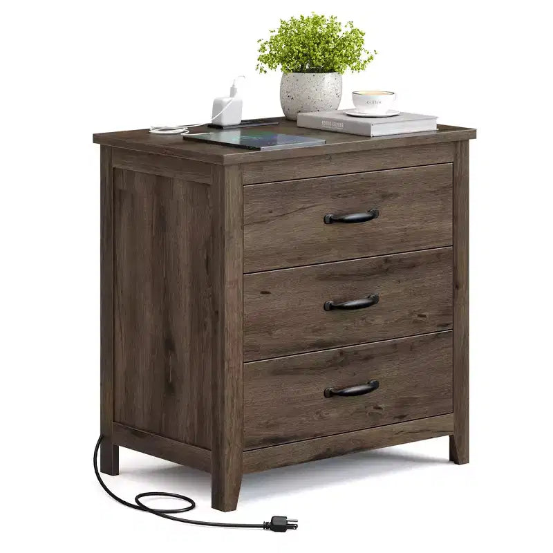 Table de chevet de ferme avec station de recharge - Table de nuit à 3 tiroirs avec ports USB