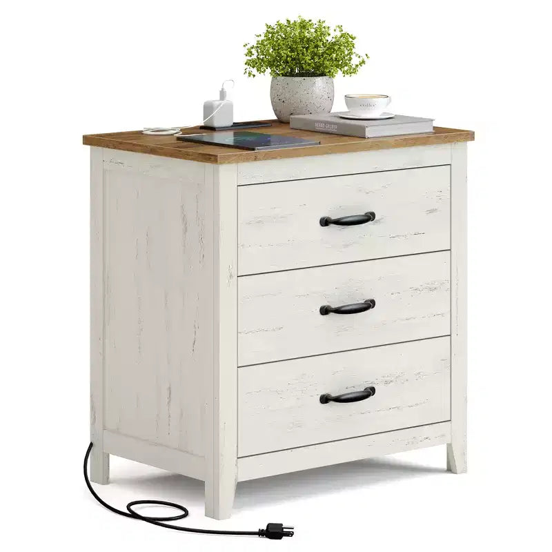 Table de chevet de ferme avec station de recharge - Table de nuit à 3 tiroirs avec ports USB