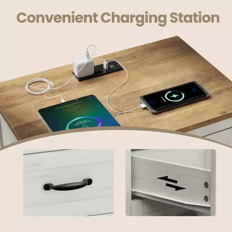 Table de chevet de ferme avec station de recharge - Table de nuit à 3 tiroirs avec ports USB