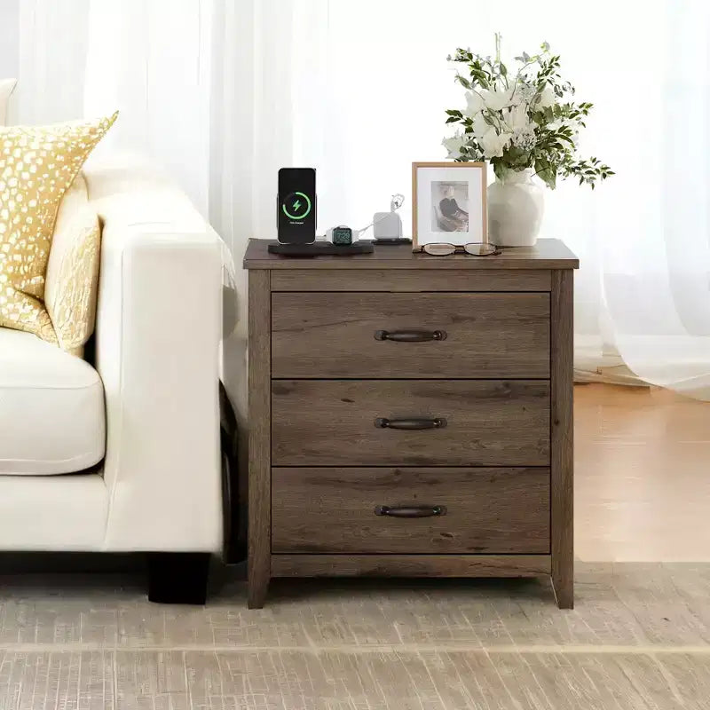 Table de chevet de ferme avec station de recharge - Table de nuit à 3 tiroirs avec ports USB