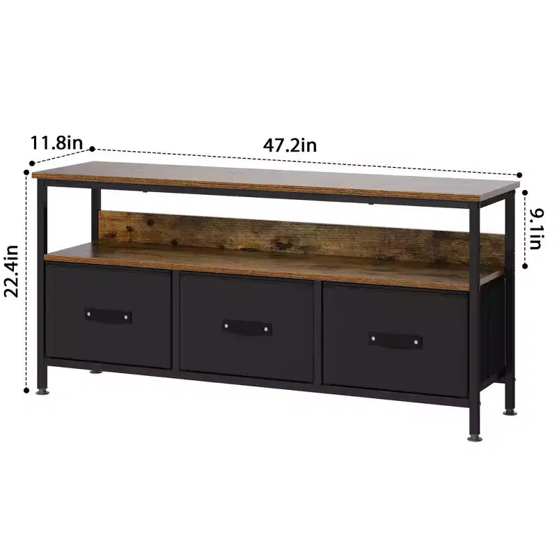 Meuble TV avec 3 tiroirs en tissu pour téléviseur de 55 pouces, meuble de rangement avec placards de rangement, console multimédia avec étagère ouverte, meuble de divertissement.