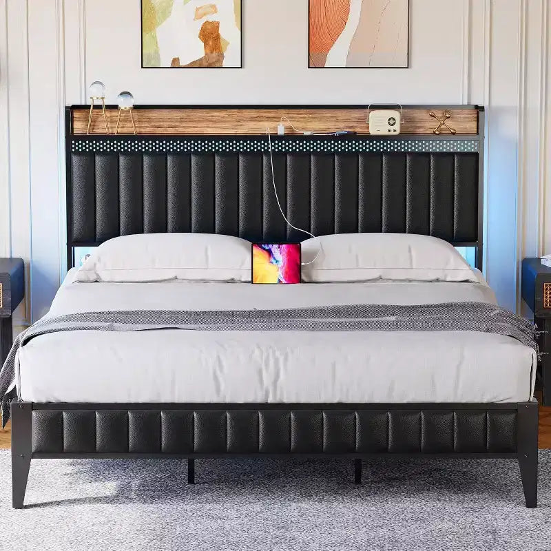 CuisinSmart Bed Frame with Charging Station, LED Bed Frame with Storage Headboard, Upholstered Platform Bed Frame, No Box Spring Needed