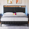 CuisinSmart Bed Frame with Charging Station, LED Bed Frame with Storage Headboard, Upholstered Platform Bed Frame, No Box Spring Needed