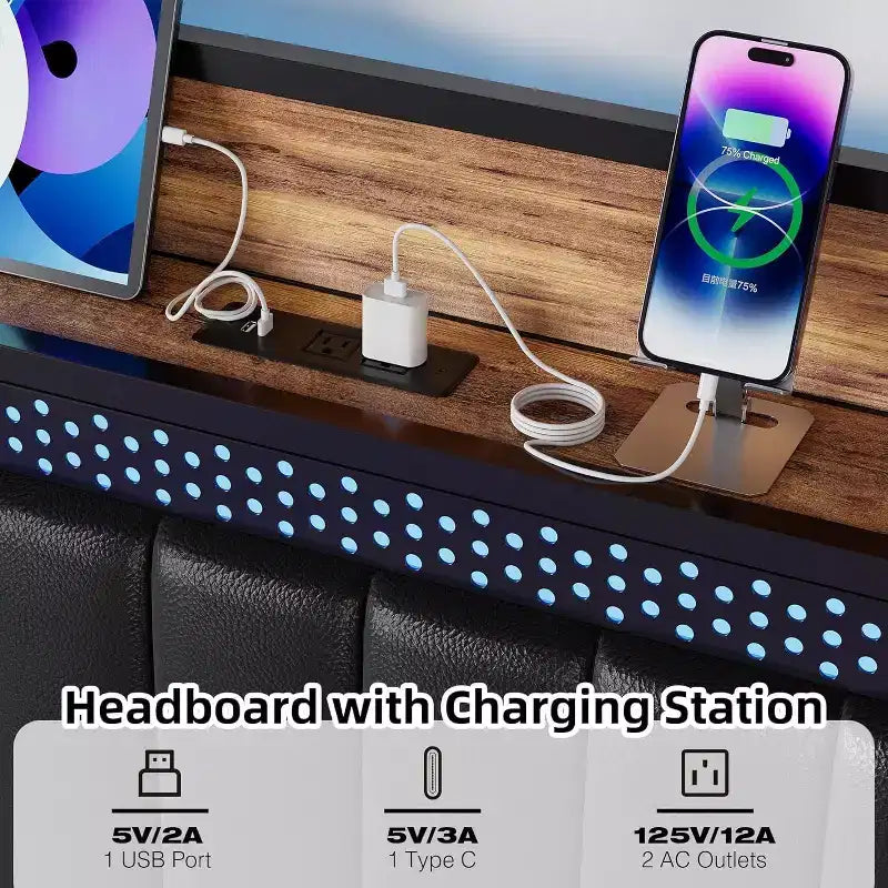 Cadre de lit CuisinSmart avec station de recharge, cadre de lit LED avec tête de lit de rangement, cadre de lit plateforme rembourré, aucun sommier tapissier requis