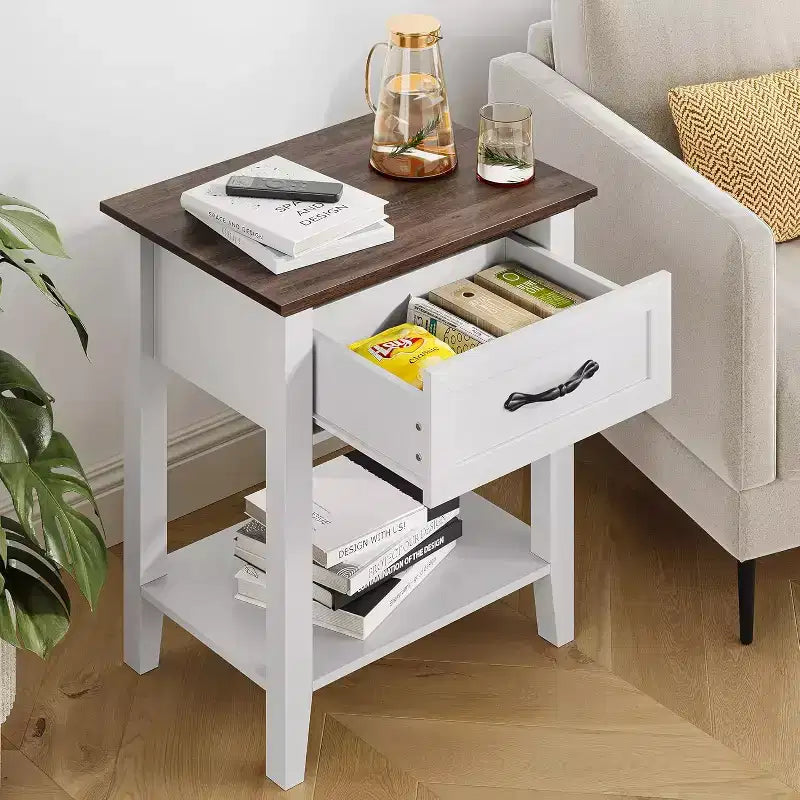 Table de chevet avec tiroir et 2 étagères de rangement, table d'appoint polyvalente pour chambre à coucher, salon, dortoir et petits espaces
