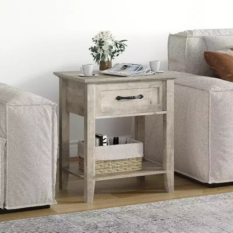 Table de chevet avec tiroir et 2 étagères de rangement, table d'appoint polyvalente pour chambre à coucher, salon, dortoir et petits espaces