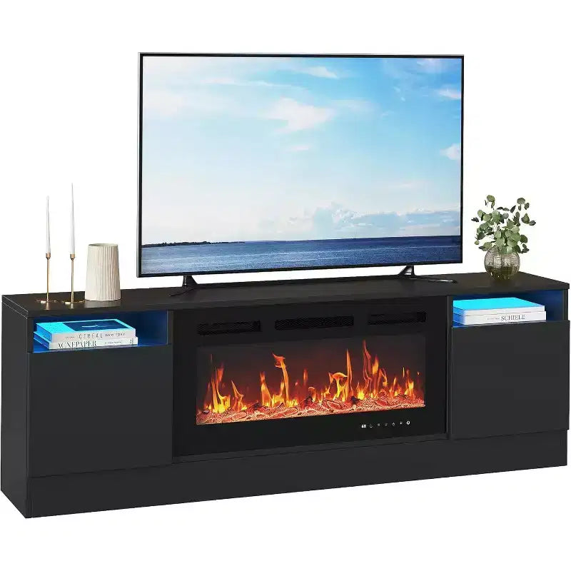 Meuble TV pour téléviseur jusqu'à 75 pouces, meuble de divertissement moderne avec armoire de rangement, s'adapte à une cheminée électrique de 36 pouces
