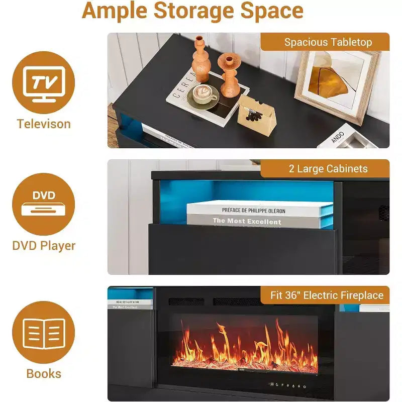 Meuble TV pour téléviseur jusqu'à 75 pouces, meuble de divertissement moderne avec armoire de rangement, s'adapte à une cheminée électrique de 36 pouces