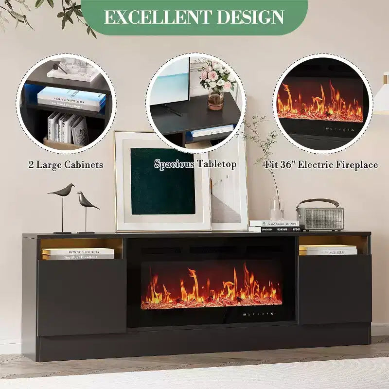 Meuble TV pour téléviseur jusqu'à 75 pouces, meuble de divertissement moderne avec armoire de rangement, s'adapte à une cheminée électrique de 36 pouces
