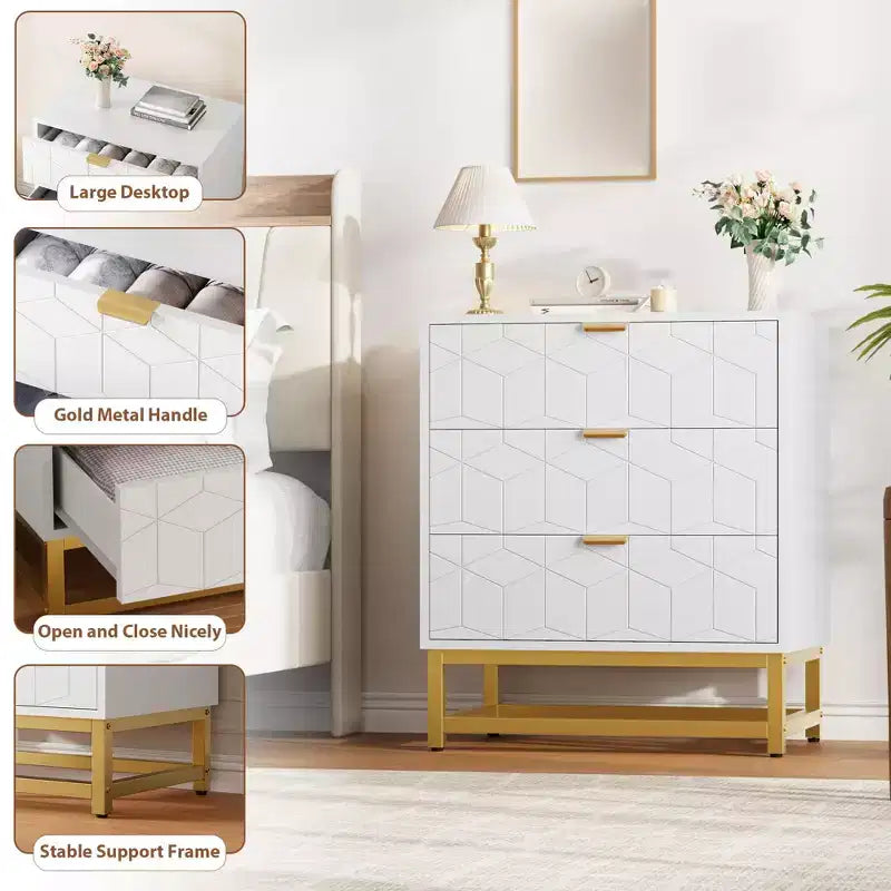 Table de chevet moderne à 3 tiroirs, table d'appoint en bois avec pieds en métal, table d'appoint de canapé pour petit espace, commode à 3 tiroirs pour chambre à coucher
