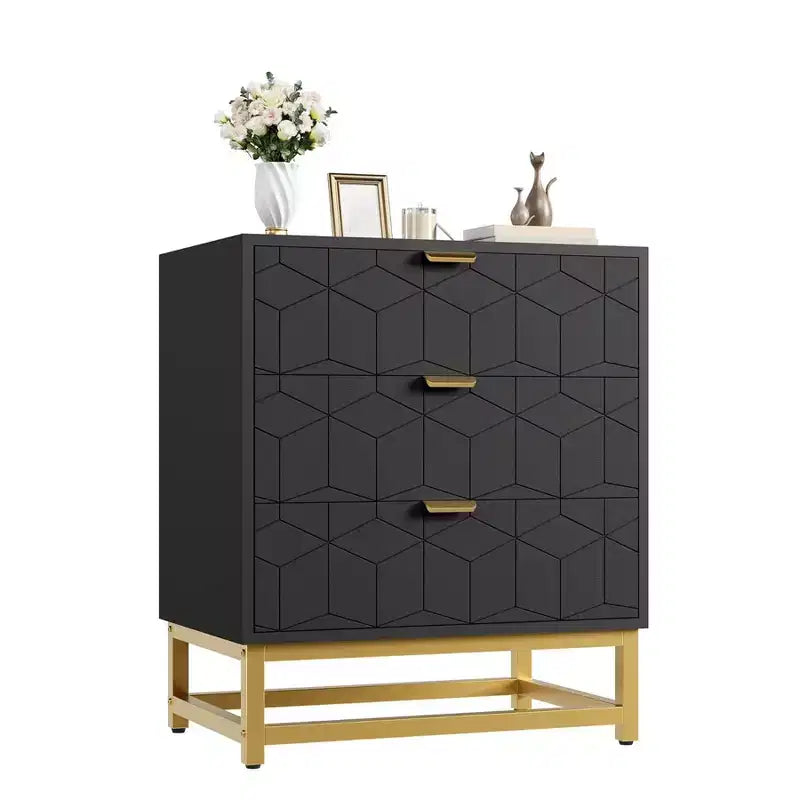 Table de chevet moderne à 3 tiroirs, table d'appoint en bois avec pieds en métal, table d'appoint de canapé pour petit espace, commode à 3 tiroirs pour chambre à coucher