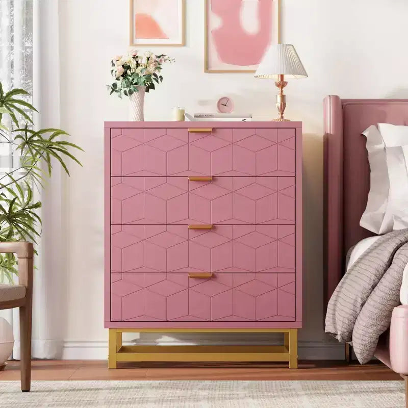 Table de chevet moderne avec 4 tiroirs, table d'appoint en bois avec pieds en métal, bout de canapé pour petit espace, commode à 4 tiroirs pour chambre à coucher
