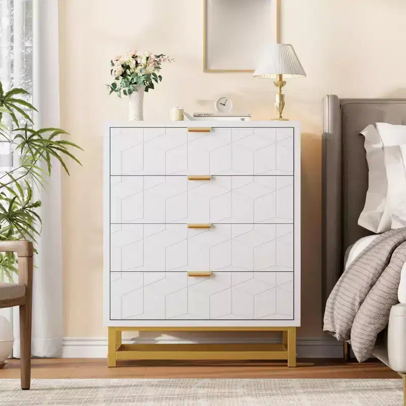 Table de chevet moderne avec 4 tiroirs, table d'appoint en bois avec pieds en métal, bout de canapé pour petit espace, commode à 4 tiroirs pour chambre à coucher