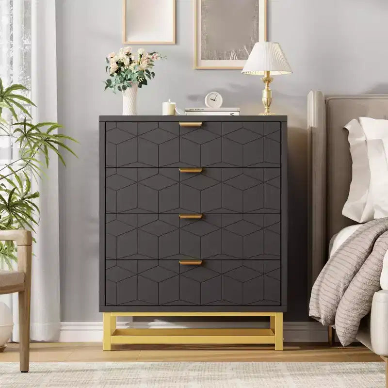 Table de chevet moderne avec 4 tiroirs, table d'appoint en bois avec pieds en métal, bout de canapé pour petit espace, commode à 4 tiroirs pour chambre à coucher