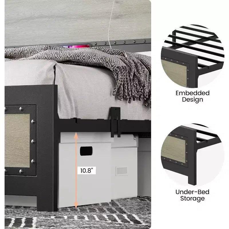 Cadre de lit avec station de charge, lit plateforme au design industriel avec tête de lit et cadre en métal à lattes, pas besoin de sommier, montage facile