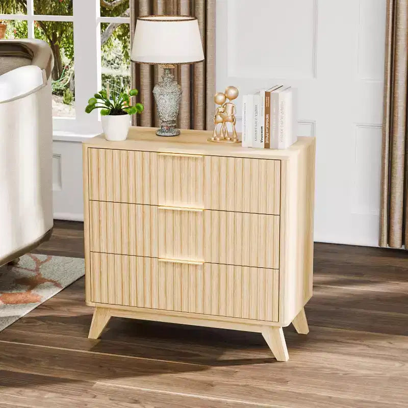 VINGLI Table de chevet haute 31,5 W avec tiroirs, Table de chevet cannelée en bois, Table de chevet 3 tiroirs moderne du milieu du siècle