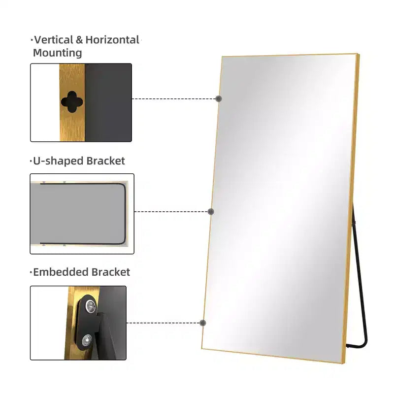 PexFix Miroir de Poutre Pleine Longueur 71x31 en Aluminium à Bord Fin et Angle Droit avec Support