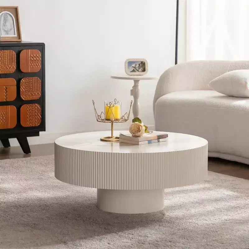 Maxax Table basse ronde moderne blanche, table d'appoint en bois de 34,25 pouces. Table basse d'appoint contemporaine pour salon, appartement, bureau