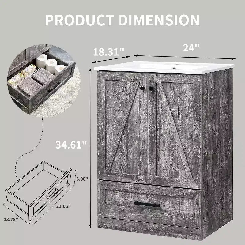 Meuble-lavabo de salle de bain Mastgoal 24 style ferme avec évier, commode de salle de bain avec grand tiroir de rangement
