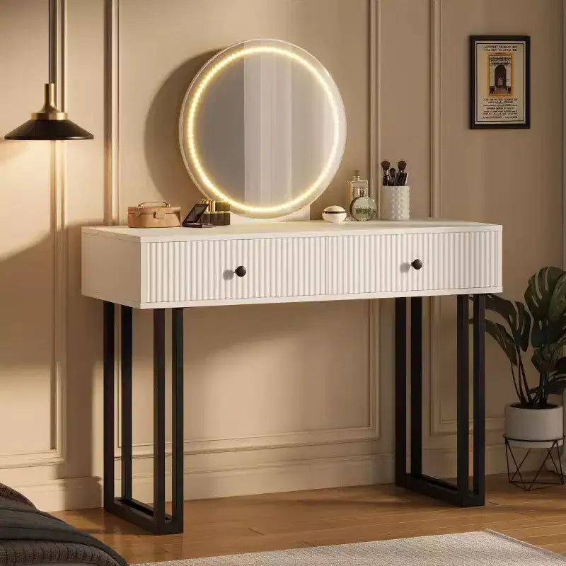 Acekool Coiffeuse avec Miroir et Lumières, Petite Table de Maquillage avec 2 Tiroirs, LED 3 Couleurs, Luminosité Réglable, Organisateur pour Chambre à Coucher