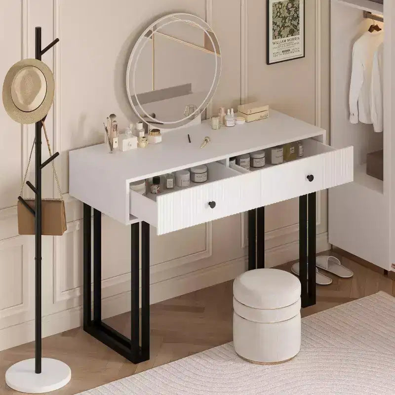 Acekool Coiffeuse avec Miroir et Lumières, Petite Table de Maquillage avec 2 Tiroirs, LED 3 Couleurs, Luminosité Réglable, Organisateur pour Chambre à Coucher