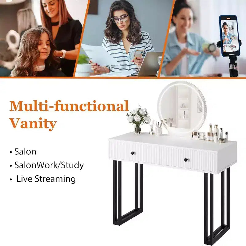 Acekool Coiffeuse avec Miroir et Lumières, Petite Table de Maquillage avec 2 Tiroirs, LED 3 Couleurs, Luminosité Réglable, Organisateur pour Chambre à Coucher