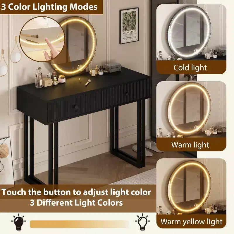 Acekool Coiffeuse avec Miroir et Lumières, Petite Table de Maquillage avec 2 Tiroirs, LED 3 Couleurs, Luminosité Réglable, Organisateur pour Chambre à Coucher