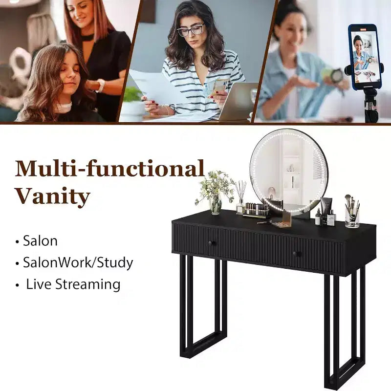 Acekool Coiffeuse avec Miroir et Lumières, Petite Table de Maquillage avec 2 Tiroirs, LED 3 Couleurs, Luminosité Réglable, Organisateur pour Chambre à Coucher